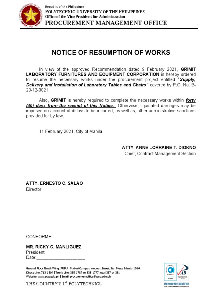 Notice of Resumption of Works (Grimit) | PDF