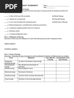 "Introduction To Energy" Worksheet: Part 1. The Two Basic Types of Energy