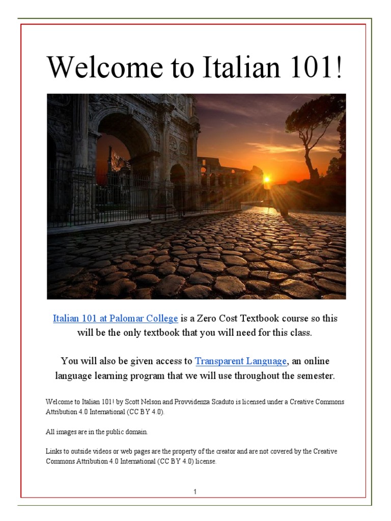 Welcome to Italian 101 Course Guide | PDF | Grammatical Gender ...