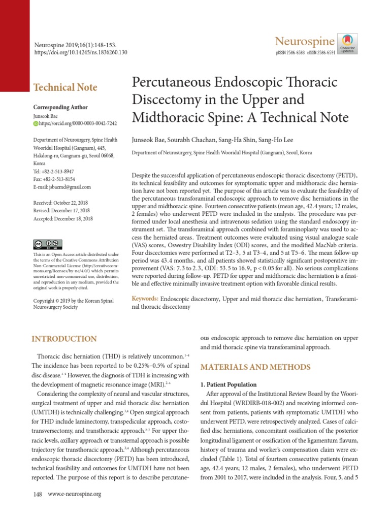 Percutaneous Endoscopic Thoracic Discectomy in The Upper and ...