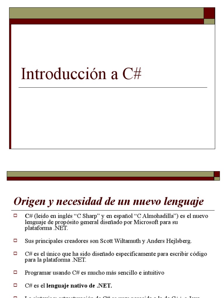 Introduccion C# | PDF | C Sharp (lenguaje de programación) | Lenguaje ...