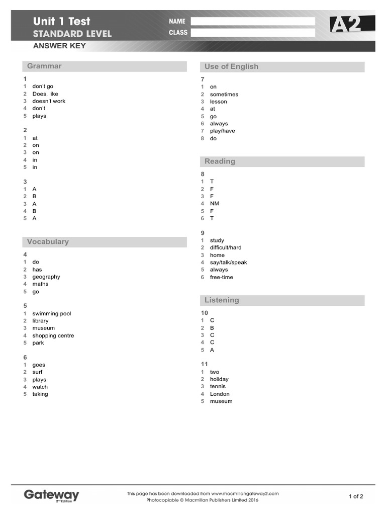 A2 English Unit 1 Test Answer Key | PDF | Linguistics | Communication