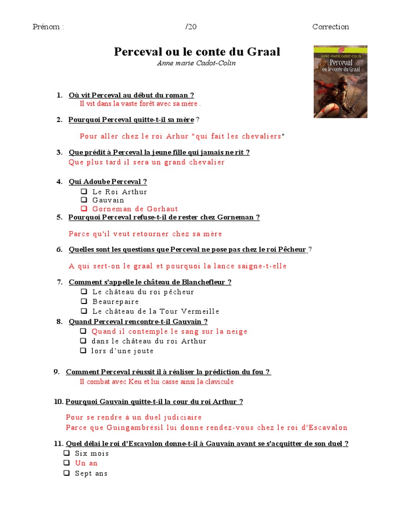 Fiche De Lecture Le Roi Arthur 5ème Gratuit Perceval Ou Le Conte Du Graal | PDF | Littérature arthurienne | Gauvain