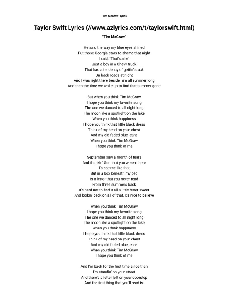 Taylor Swift Tim Mcgraw Lyrics Pop Songs Songs