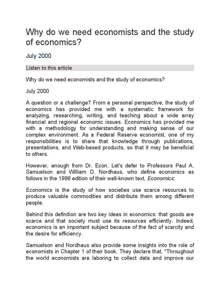 Why Do We Need Economists and The Study of Economics?: July 2000 | PDF ...