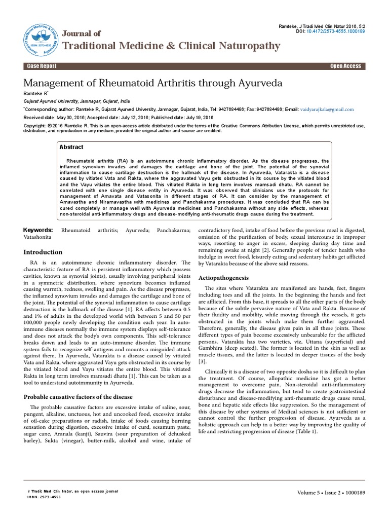 Management of Rheumatoid Arthritis Through Ayurveda | PDF | Ayurveda ...