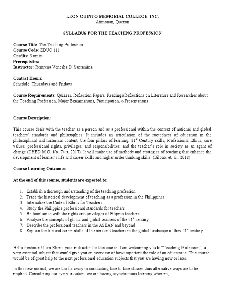Teaching Profession Syllabus Overview | PDF | Profession | Teachers
