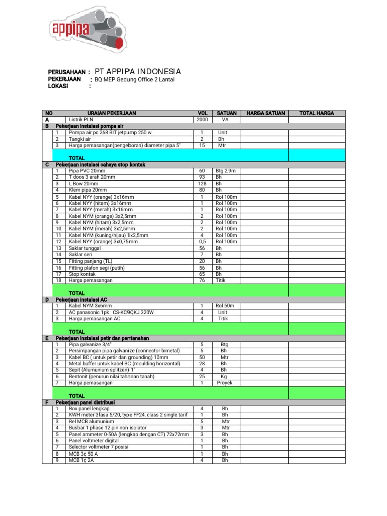 BQ Mep Gedung Office 2 Lantai PT Appipa Indonesia | PDF