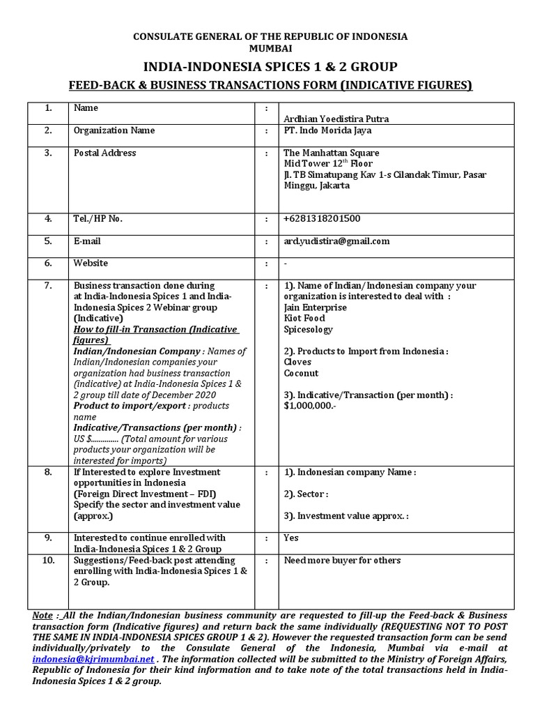 India-Indonesia Spice Trade Form | PDF | Indonesia | Foreign Direct ...