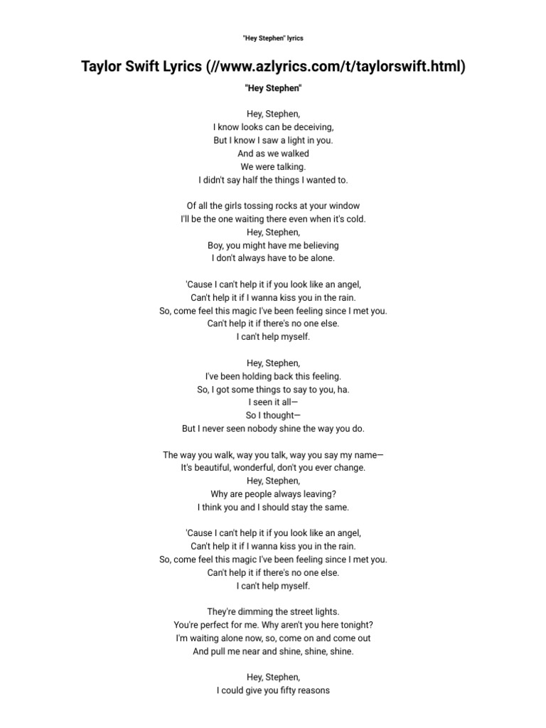 Hey Stephen Lyrics by Taylor Swift | PDF | Poetry