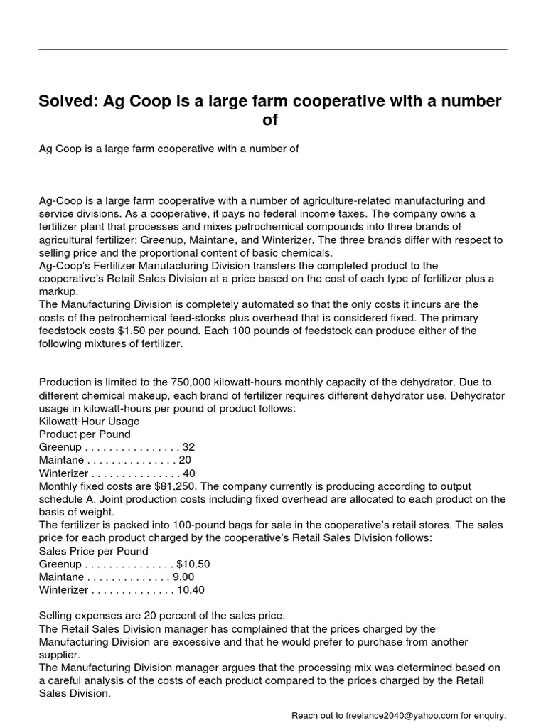 Ag Coop Is A Large Farm Cooperative With A Number of | PDF | Cost Of ...