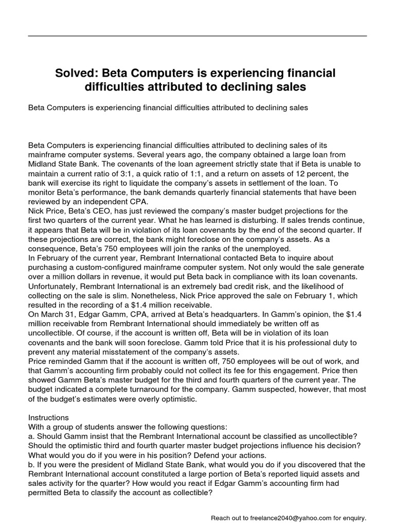 Beta Computers Is Experiencing Financial Difficulties Attributed To Declining Sales PDF Beta