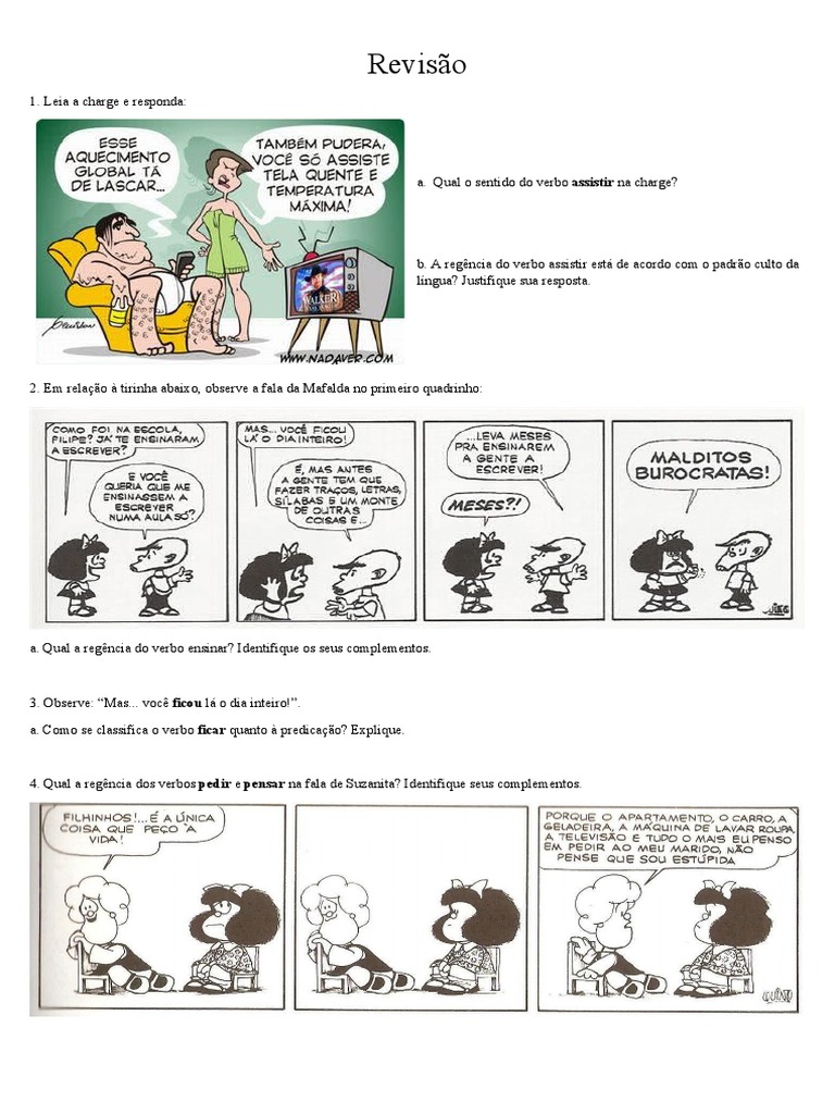 Exercícios de Regência e Concordância com Tirinhas | PDF | Linguística ...