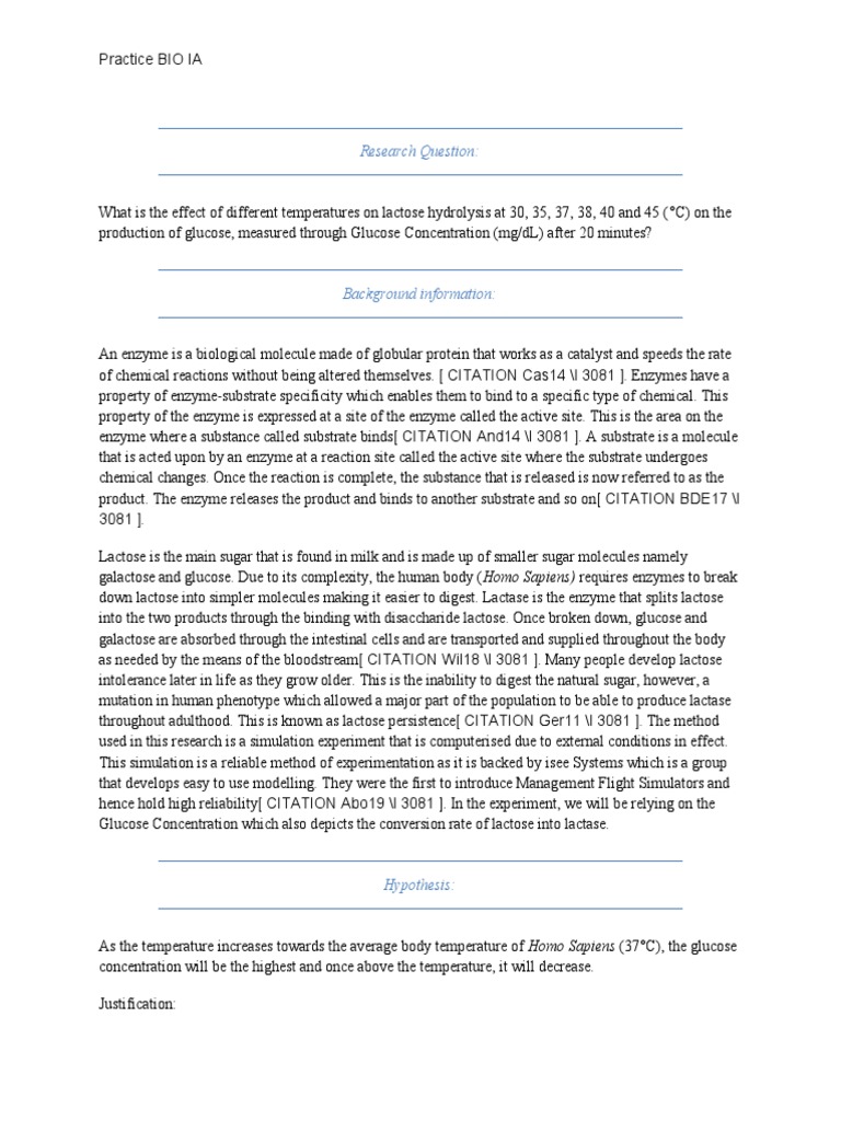 BIOLOGY IA Lactose and Lactase PDF Enzyme Experiment