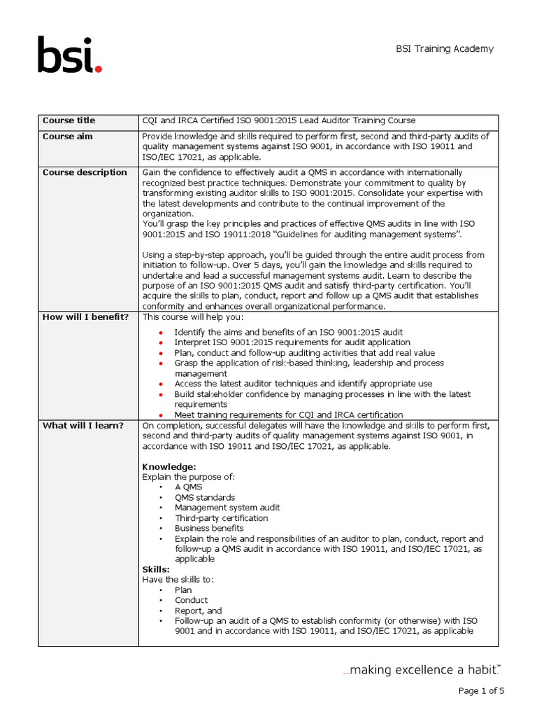 ISO 9001:2015 Lead Auditor Course | PDF | Iso 9000 | Quality Management ...