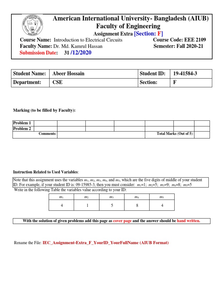 EEE 2109 Assignment Cover Page | PDF | Ac Power | Electrical Impedance