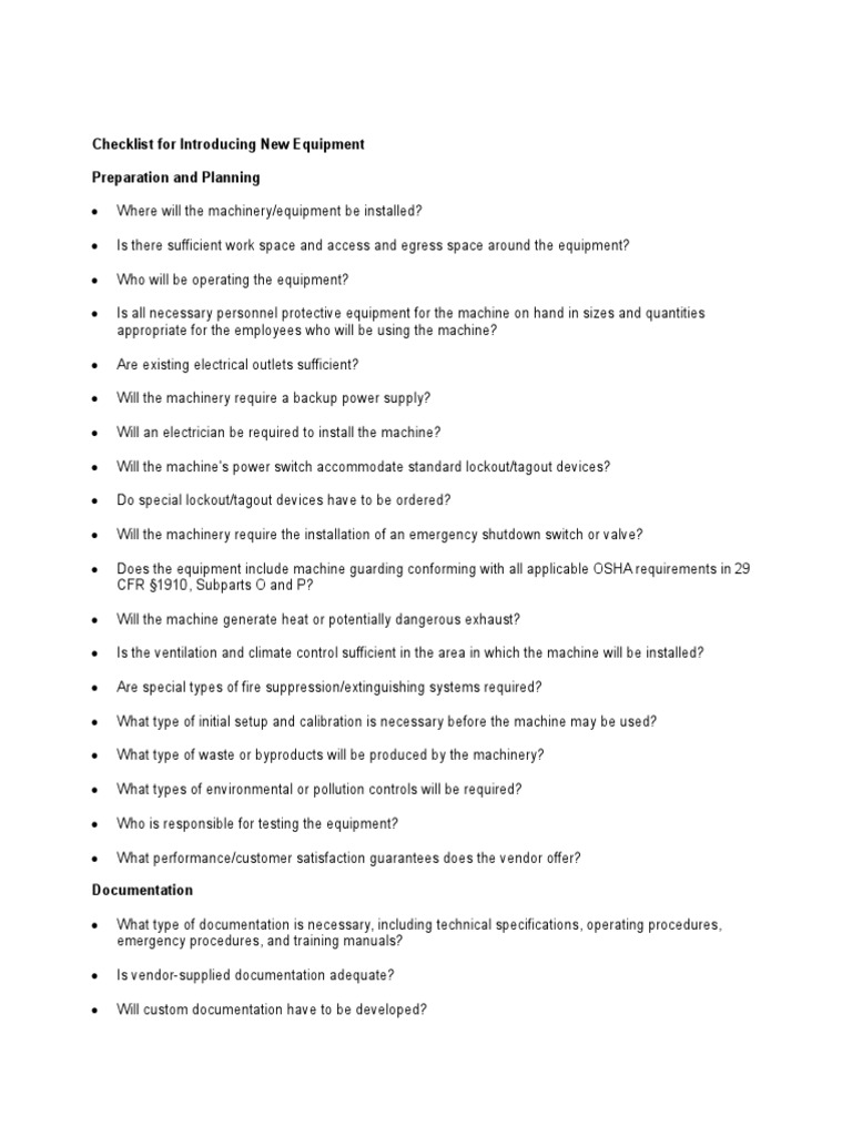 New Equipment Installation Checklist | PDF | Safety
