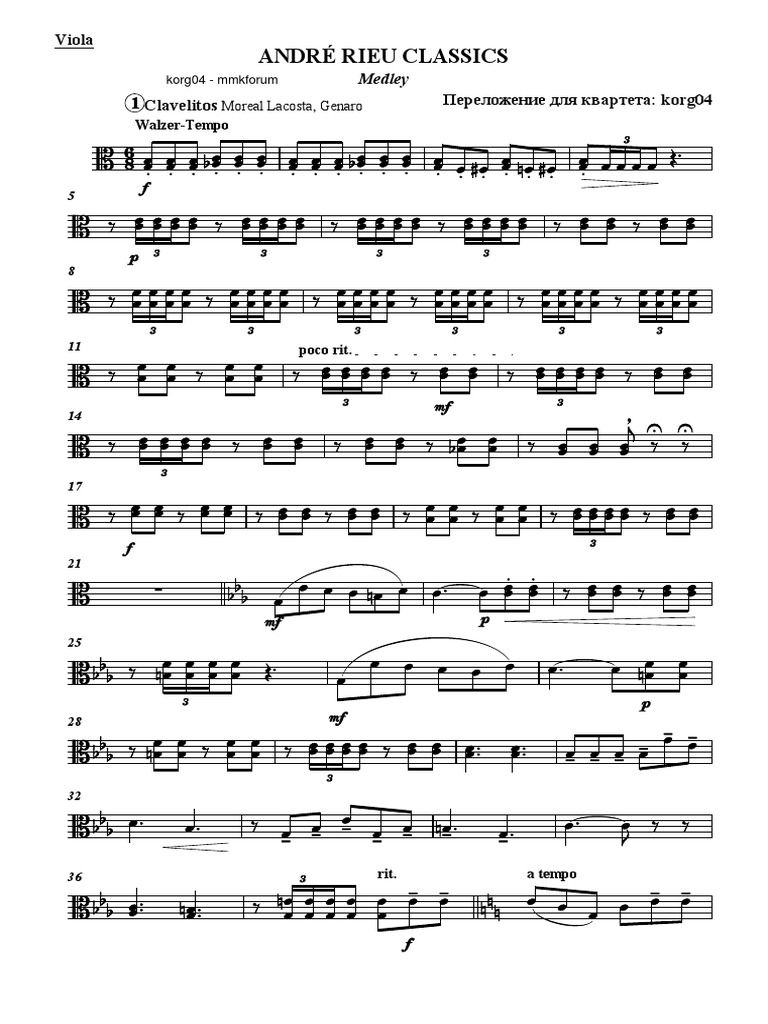 ANDRE RIEU CLASSICS-Medley-квартет Viola | PDF