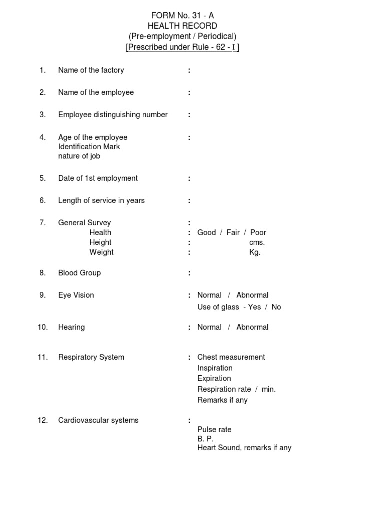 Employee Health Record Form Collecting Medical Information for Pre