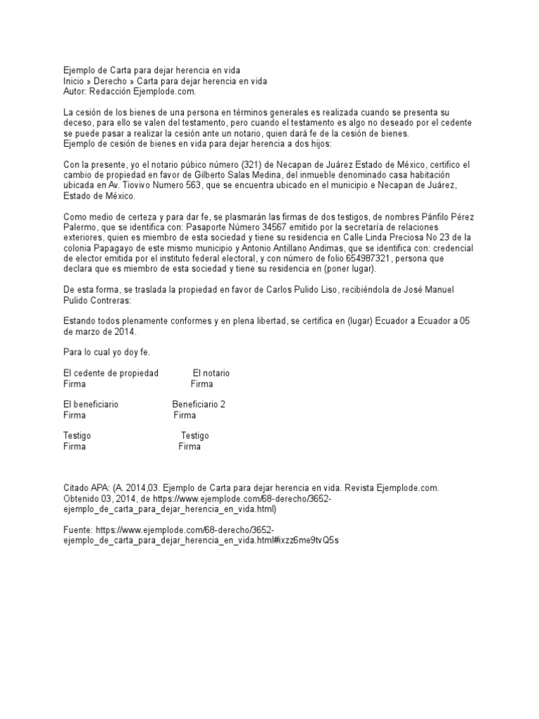 Carta para Dejar Herencia en Vida PDF