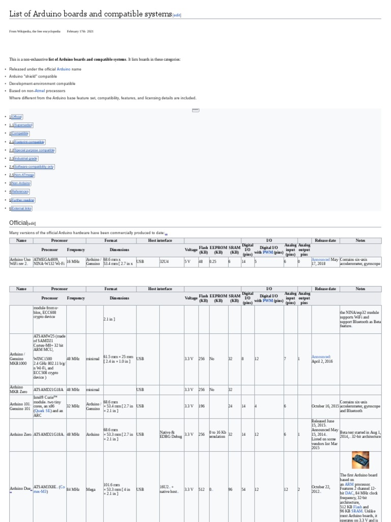 List of Arduino Boards and Compatible Systems: Official | PDF | Arduino ...
