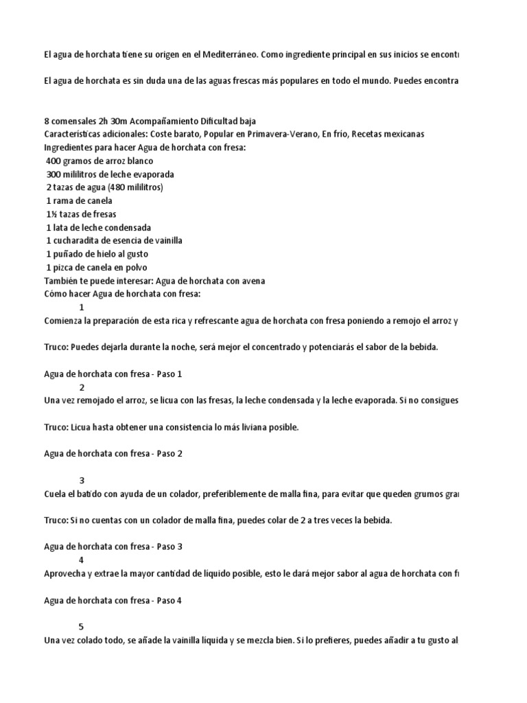 Agua de Horchata Con Fresa Receta Mexicana | PDF | Té | Leche