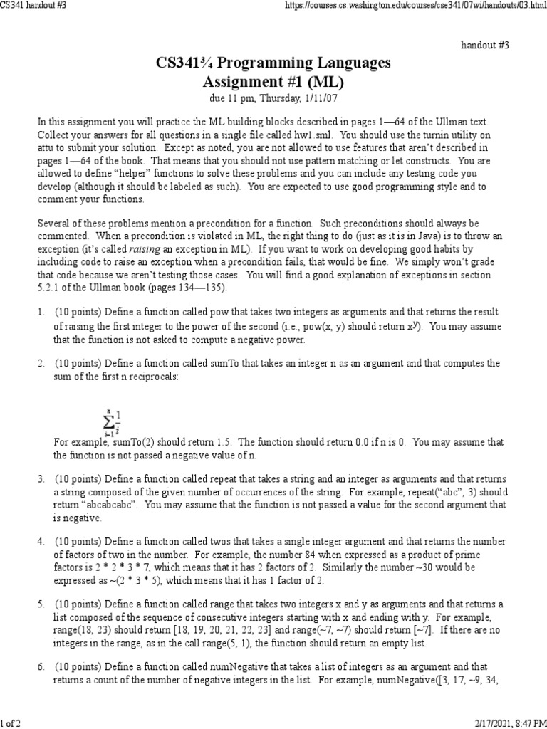 CS341 Programming Languages Assignment #1 (ML) | PDF | Function ...