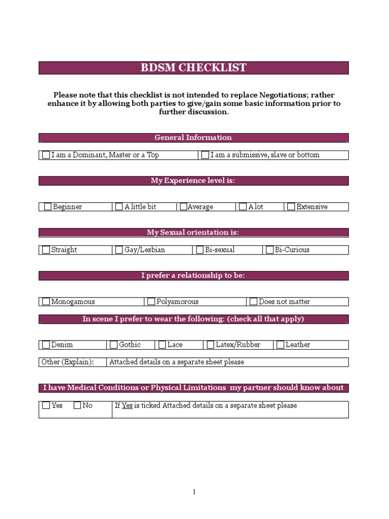 BDSM Checklist General Information PDF Dominance And Submission