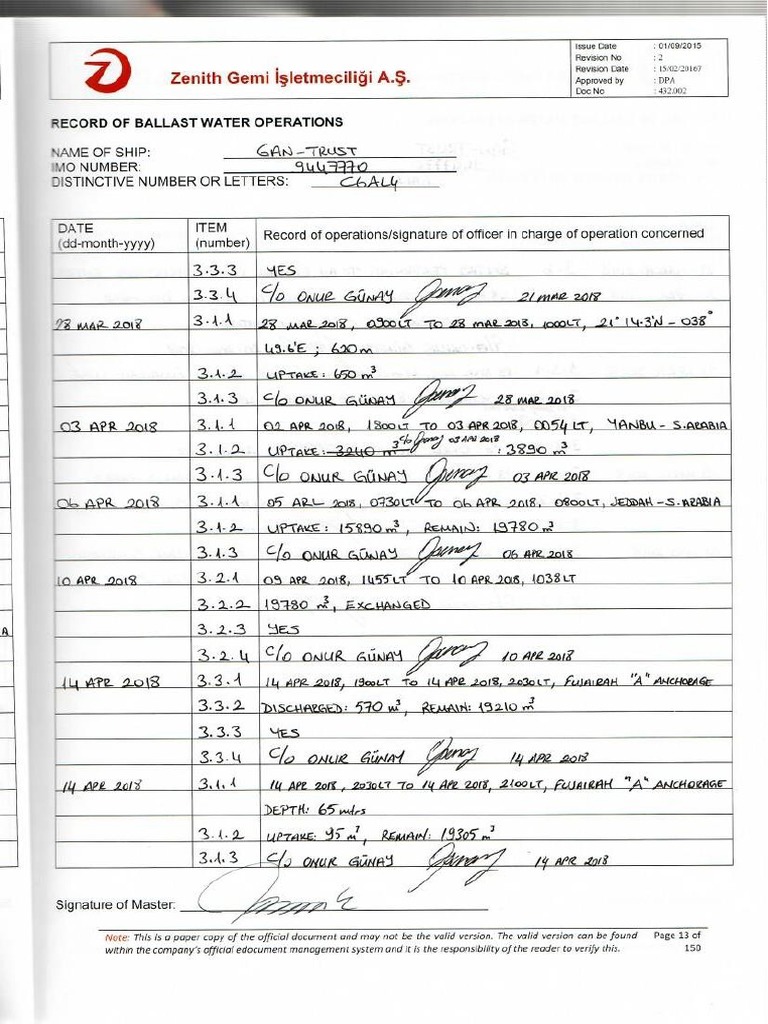 GanTrust Ballast Water Record Book April 2018 PDF