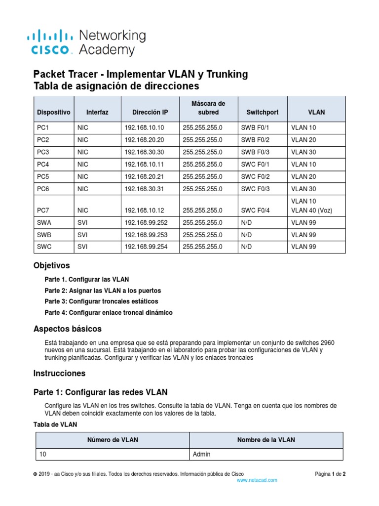 3 6 1 packet tracer implement vlans and trunking es xl pdf