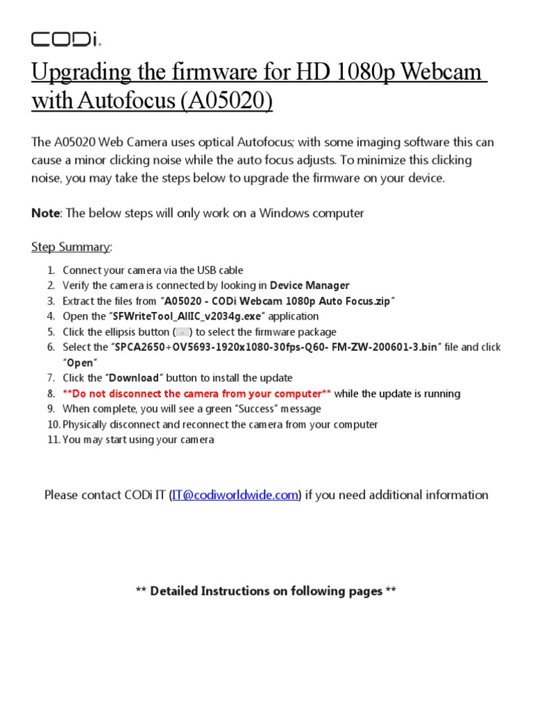 A05020 Webcam Firmware Upgrade Guide | PDF