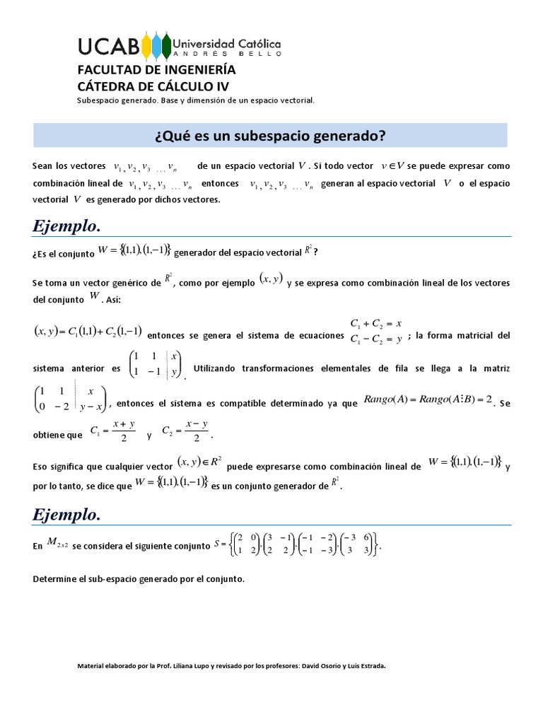 Subespacio Generado. Base y Dimensión de Un Espacio Vectorial. PDF