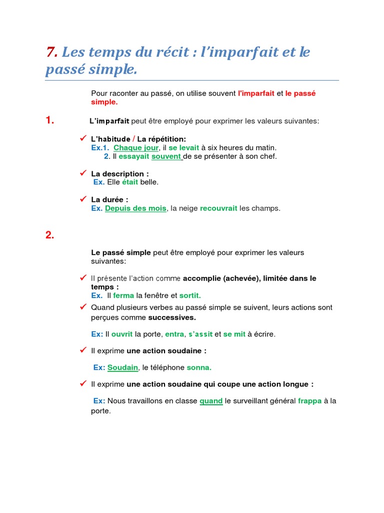 Exercice Imparfait Passé Simple 6eme Pdf Les Temps Du Recit L Imparfait Et Le Passe Simple 1 | PDF