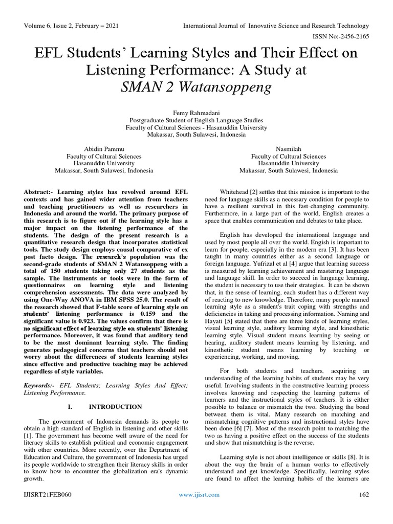 EFL Students' Learning Styles and Their Effect On Listening Performance ...