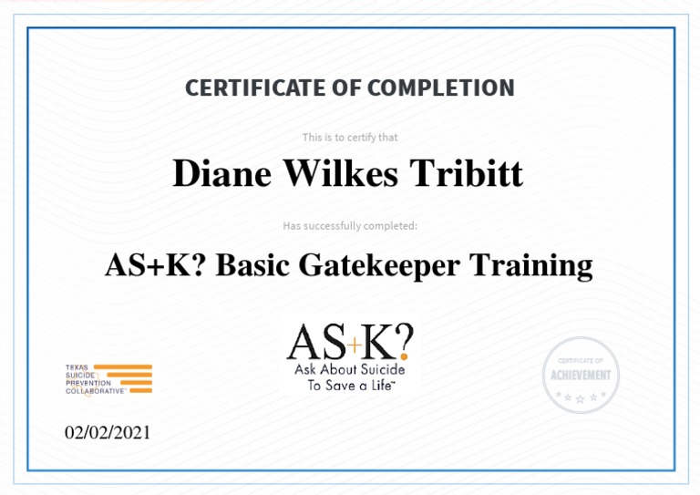 Certificate of Completion for Gatekeeper Training | PDF
