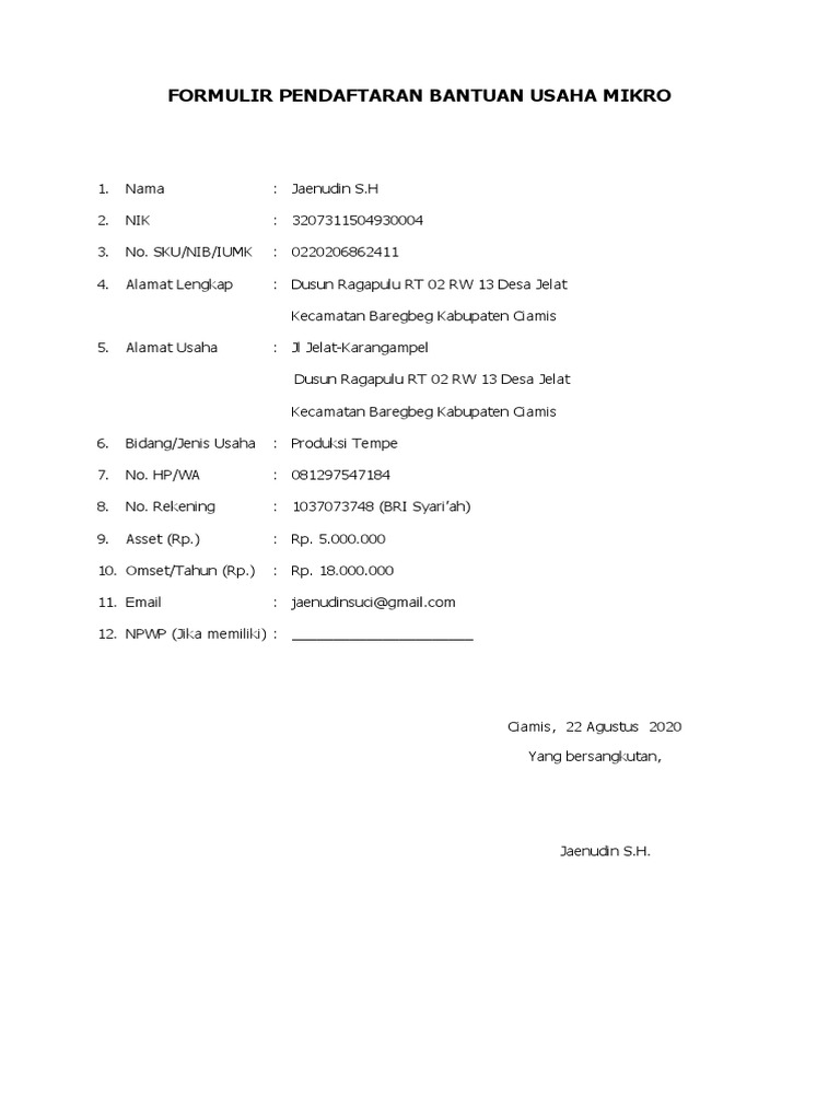 FORMULIR PENDAFTARAN UMKM MANUFAKTUR(00)