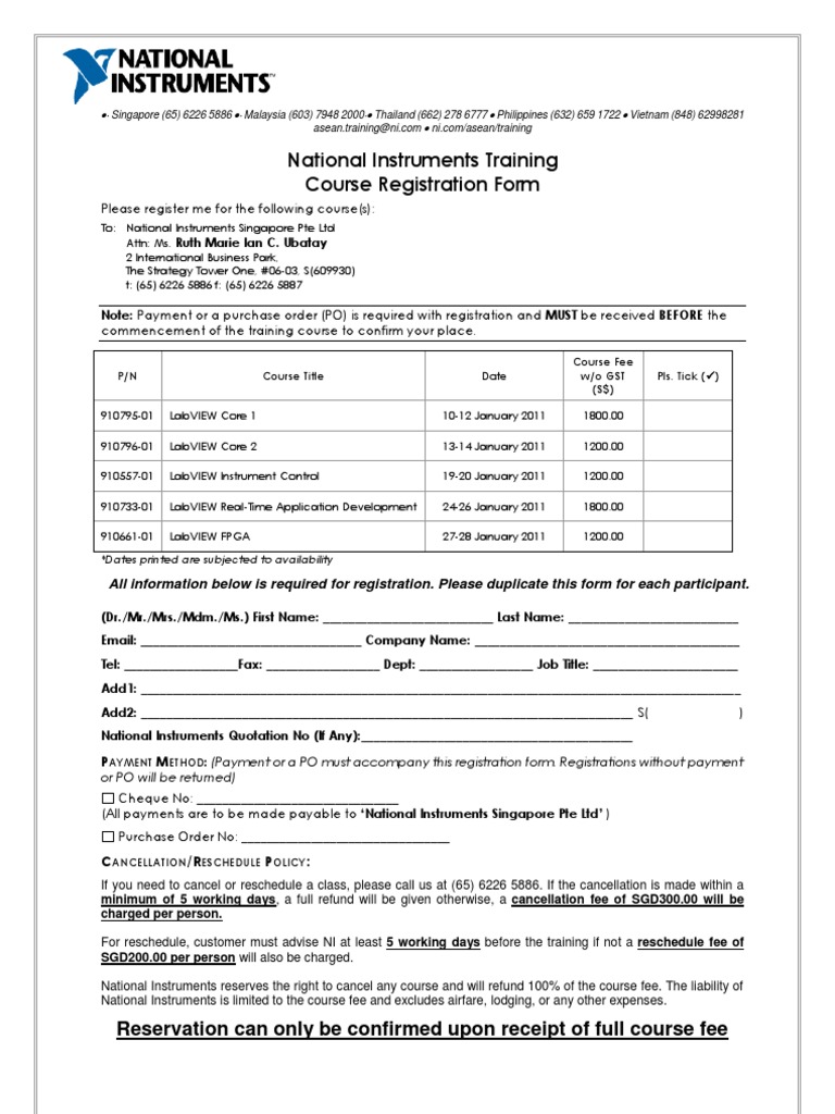National Instruments Training Course Registration Form: Attn: Ms | PDF ...