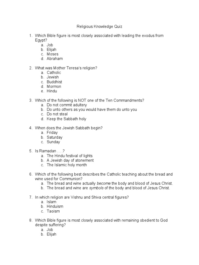 Religious Knowledge Assessment Quiz | PDF | Religious Faiths