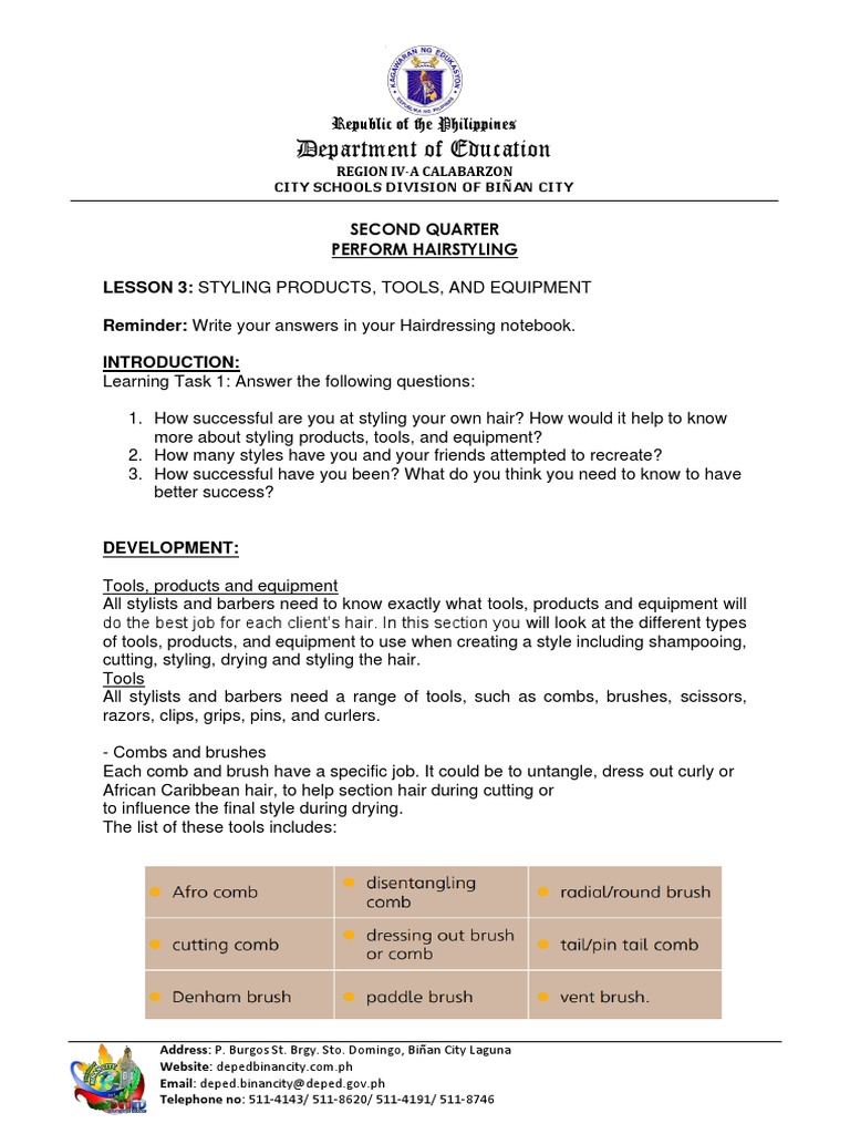 HAIRSTYLING WORKSHEET LESSON 3 Tools, Product and Equipment in
