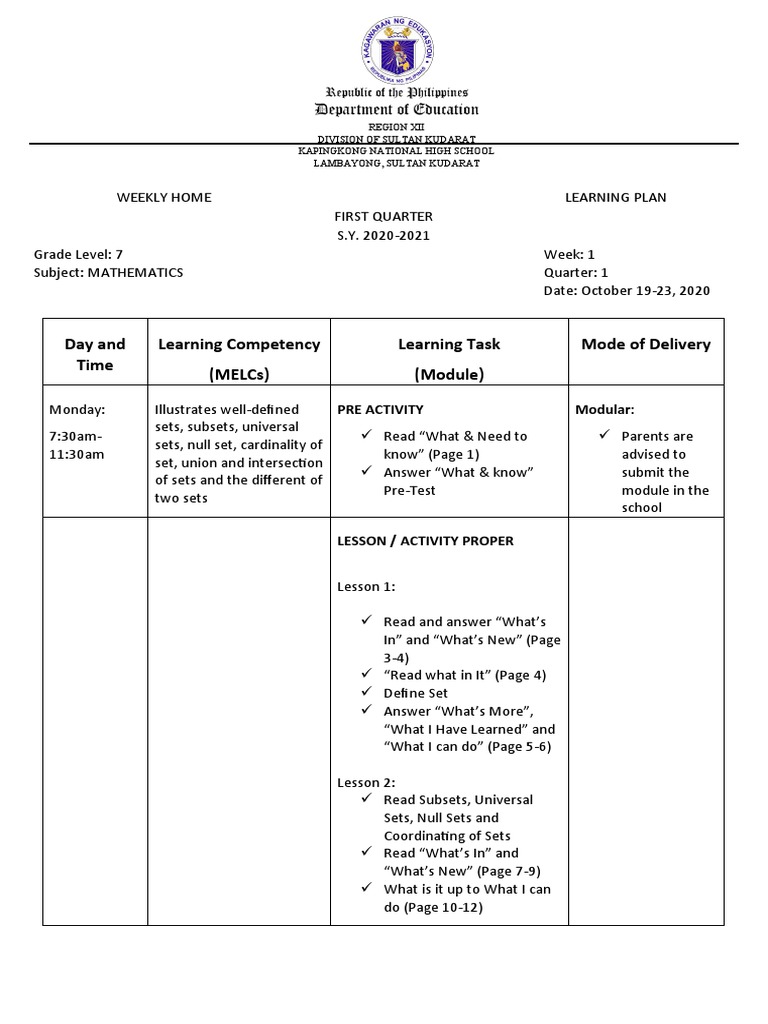 Grade 7 Math Weekly Learning Plan | PDF | Human Nature | Cognition