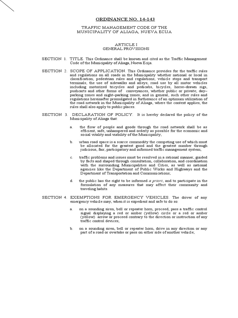 ORDINANCE NO. 14143 Traffic Management Code of The Municipality of