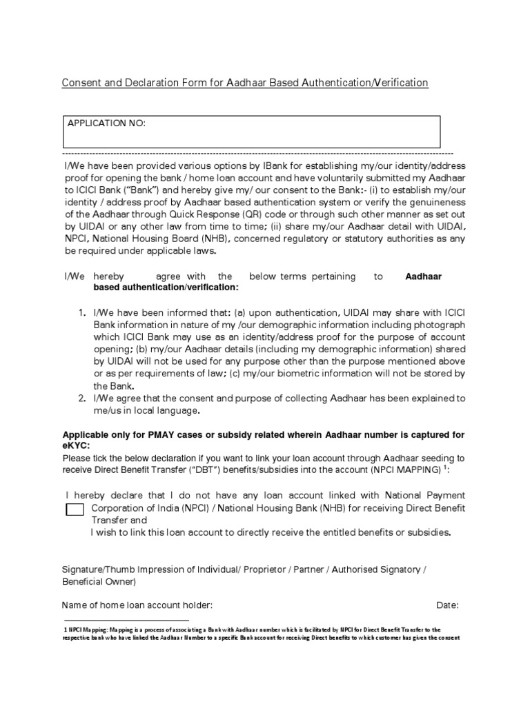 Consent and Declaration Form For Aadhaar Based Authentication ...