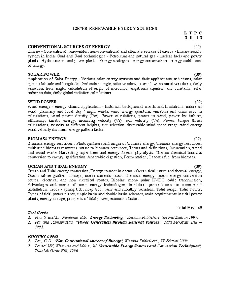 Renewable Energy Sources Syllabus | PDF | Energy Development | Solar Power