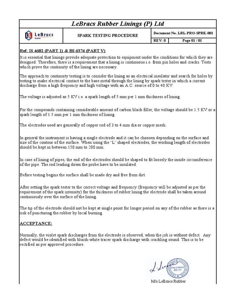 Procedure for Conducting Spark Testing to Evaluate the Continuity of
