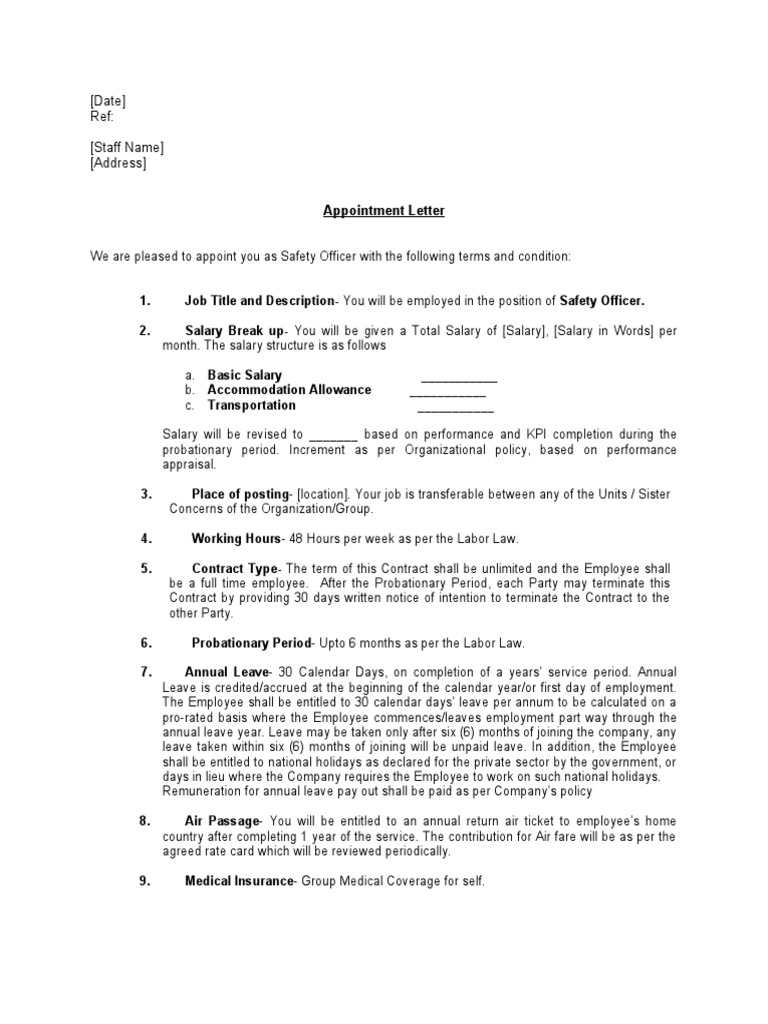 Safety Officer Appointment Sample Letter PDF Employment Labor