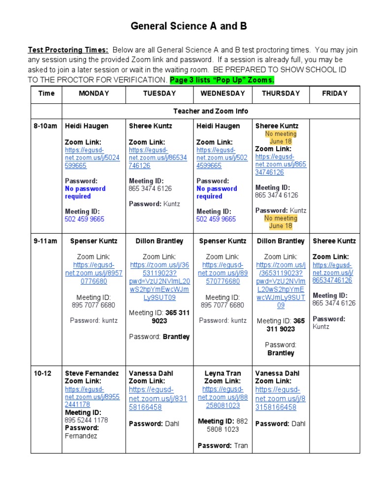 General Science Test Proctoring Schedule | PDF