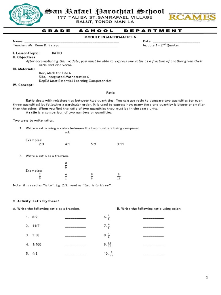 Grade 6 Math: Ratio Module 1 Q2 | PDF | Ratio | Teaching Mathematics