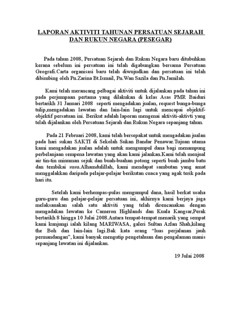 Laporan Aktiviti Tahunan Persatuan Sejarah Dan Rukun Negara
