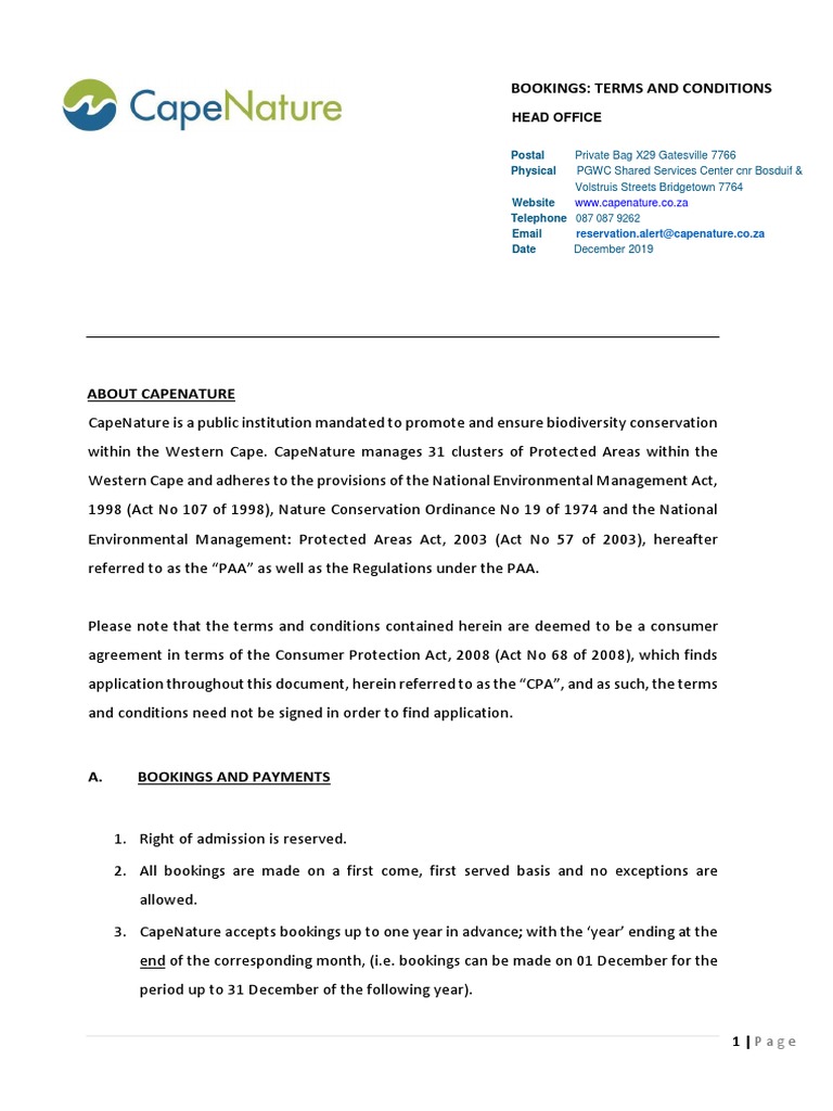 CapeNature Booking Terms & Conditions | PDF | Business | Finance ...