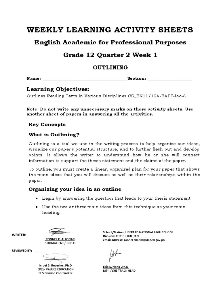 Weekly Learning Activity Sheets English Academic For Professional